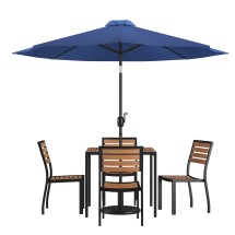 Flash Furniture XU-DG-810060364-UB19BNV-GG All-Weather Stacking Faux Teak Chairs, 35" Square Faux Teak Table, Navy Umbrella & Base, 7 Piece Set