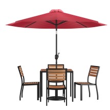 Flash Furniture XU-DG-810060364-UB19BRD-GG All-Weather Stacking Faux Teak Chairs, 35" Square Faux Teak Table, Red Umbrella & Base, 7 Piece Set
