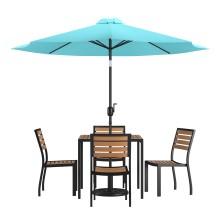 Flash Furniture XU-DG-810060364-UB19BTL-GG All-Weather Stacking Faux Teak Chairs, 35" Square Faux Teak Table, Teal Umbrella & Base, 7 Piece Set