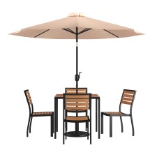 Flash Furniture XU-DG-810060364-UB19BTN-GG All-Weather Stacking Faux Teak Chairs, 35&quot; Square Faux Teak Table, Tan Umbrella & Base, 7 Piece Set