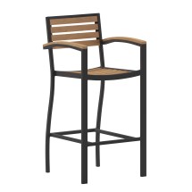 Flash Furniture XU-DG-HW6036B-ARM-GG All-Weather Outdoor Bar Stool with Faux Wood Poly Resin Slats and Aluminum Frame, Teak