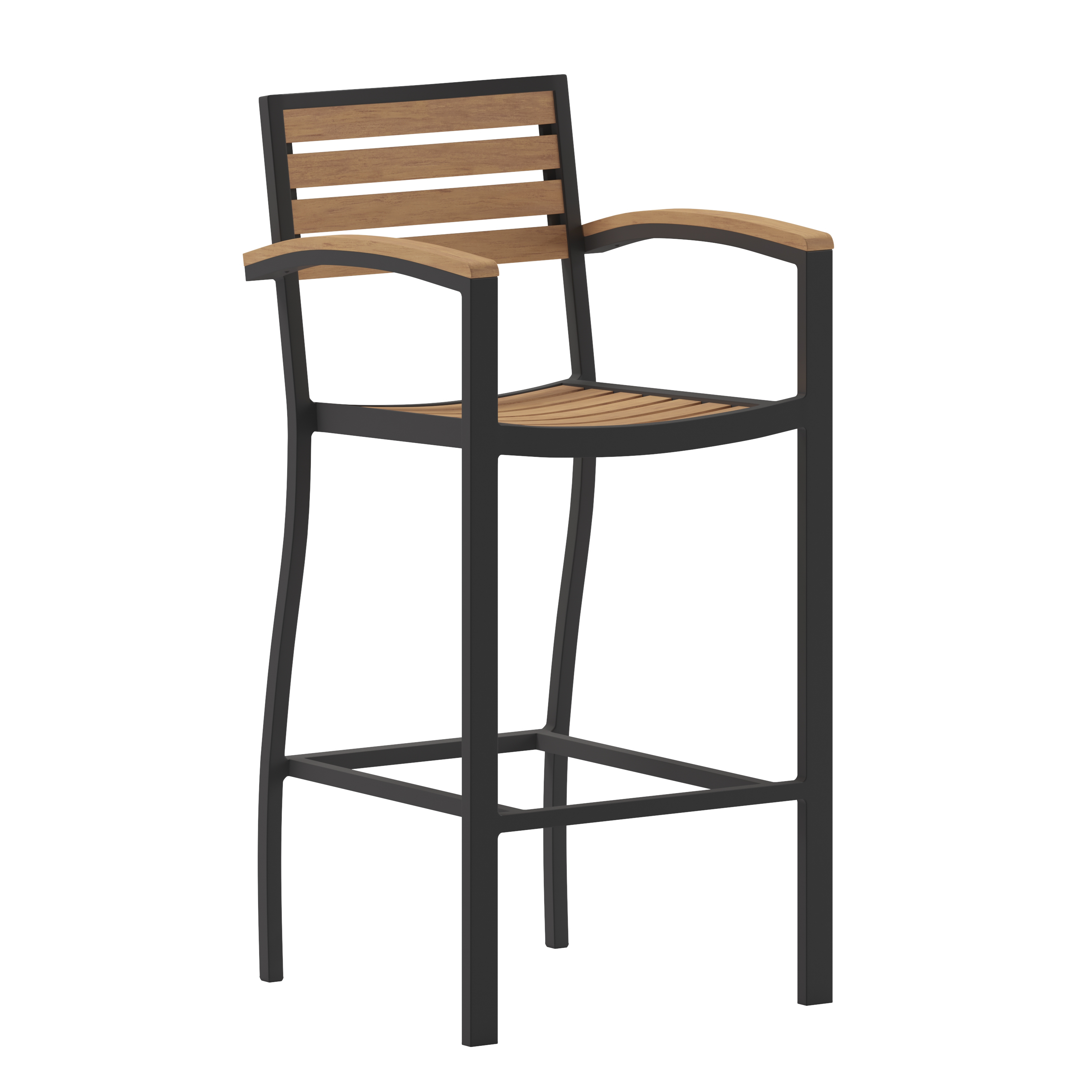 Flash Furniture XU-DG-HW6036B-ARM-GG All-Weather Outdoor Bar Stool with Faux Wood Poly Resin Slats and Aluminum Frame, Teak