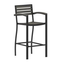 Flash Furniture XU-DG-HW6036B-ARM-GY-GG All-Weather Outdoor Bar Stool with Faux Wood Poly Resin Slats and Aluminum Frame, Gray Wash