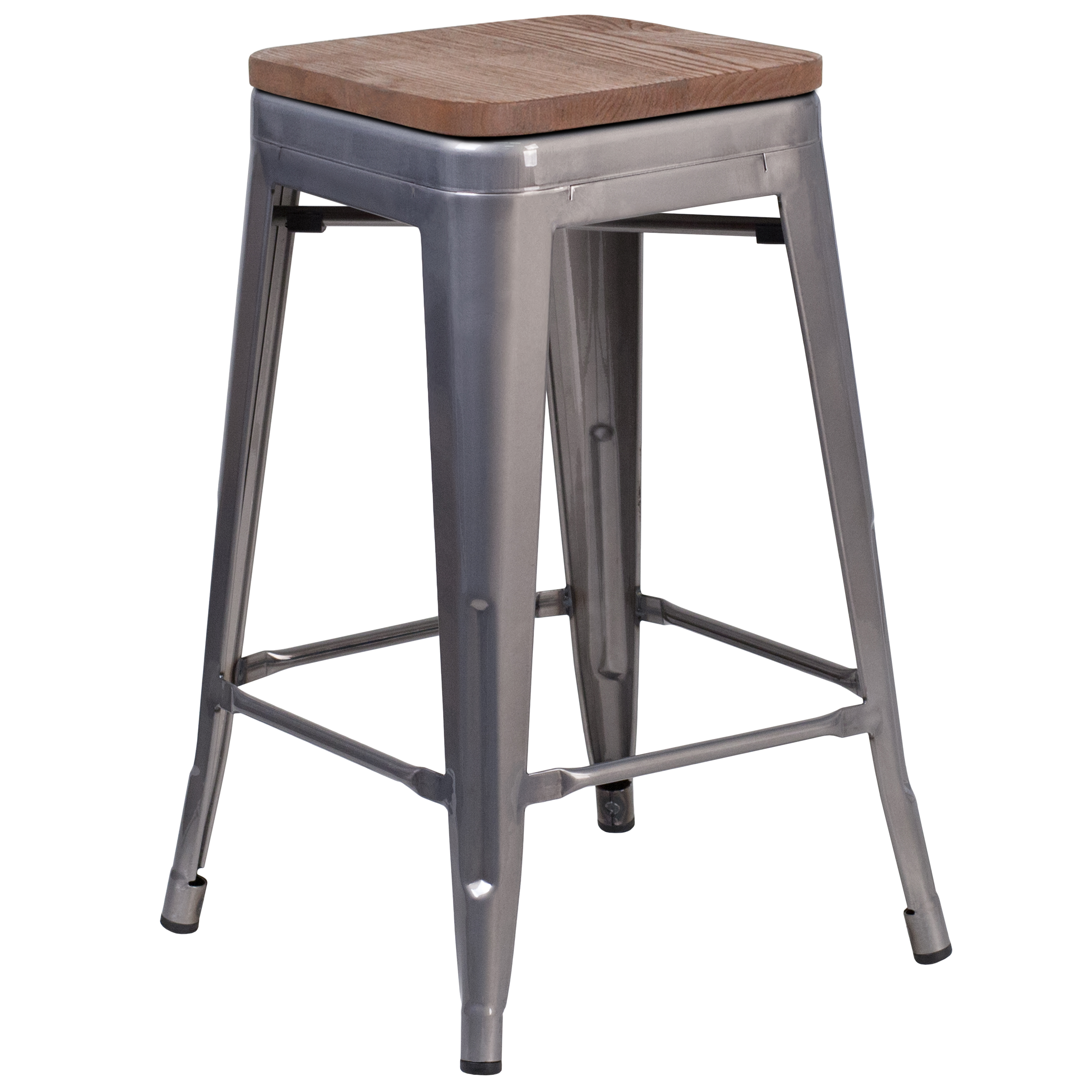 Flash Furniture XU-DG-TP0004-24-WD-GG 24''H Backless Clear Coated Metal Counter Height Stool with Square Wood Seat
