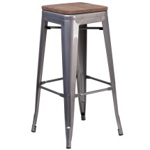 Flash Furniture XU-DG-TP0004-30-WD-GG 30"H Backless Clear Coated Metal Barstool with Square Wood Seat
