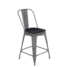 Flash Furniture XU-DG-TP001B-24-PL1B-GG 24''H Clear Coated Indoor Counter Height Stool with Back and Black Poly Resin Wood Seat