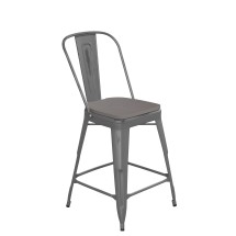 Flash Furniture XU-DG-TP001B-24-PL1G-GG 24''H Clear Coated Indoor Counter Height Stool with Back and Gray Poly Resin Wood Seat