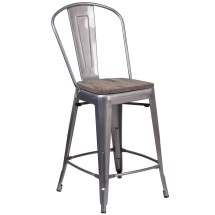 Flash Furniture XU-DG-TP001B-24-WD-GG 24''H Clear Coated Counter Height Stool with Back and Wood Seat