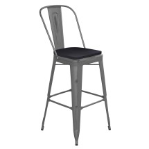 Flash Furniture XU-DG-TP001B-30-PL1B-GG 30''H Clear Coated Indoor Barstool with Back and Black Poly Resin Wood Seat