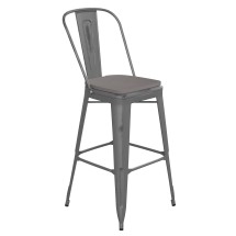 Flash Furniture XU-DG-TP001B-30-PL1G-GG 30''H Clear Coated Indoor Barstool with Back and Gray Poly Resin Wood Seat