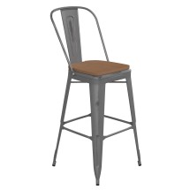 Flash Furniture XU-DG-TP001B-30-PL1T-GG 30''H Clear Coated Indoor Barstool with Back and Teak Poly Resin Wood Seat