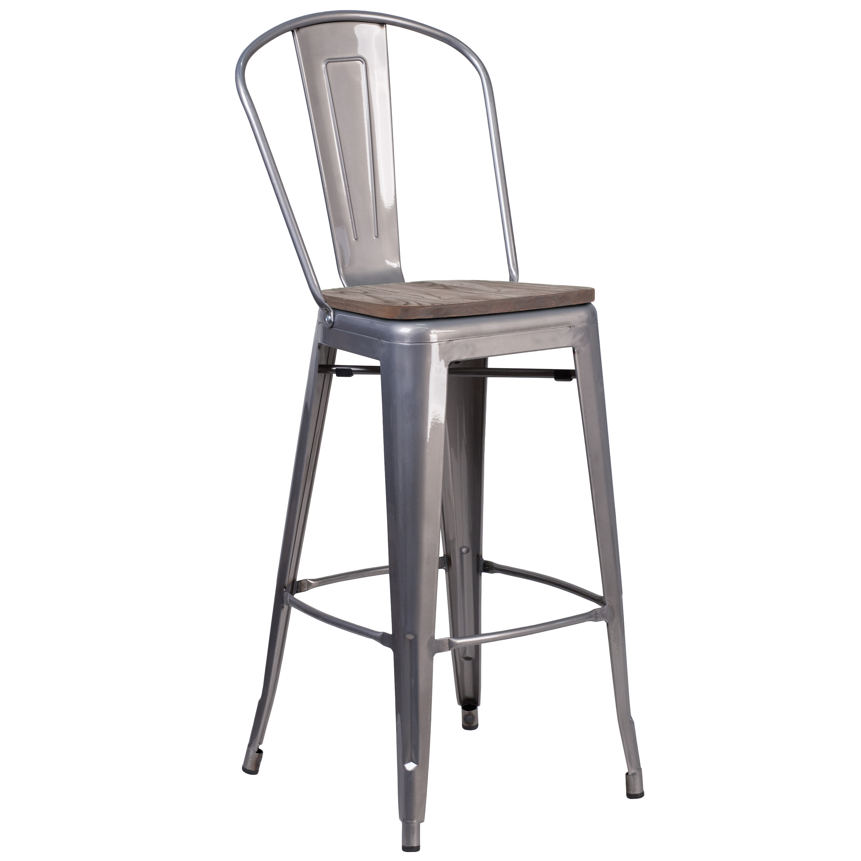 Flash Furniture XU-DG-TP001B-30-WD-GG 30" Clear Coated Barstool with Back and Wood Seat