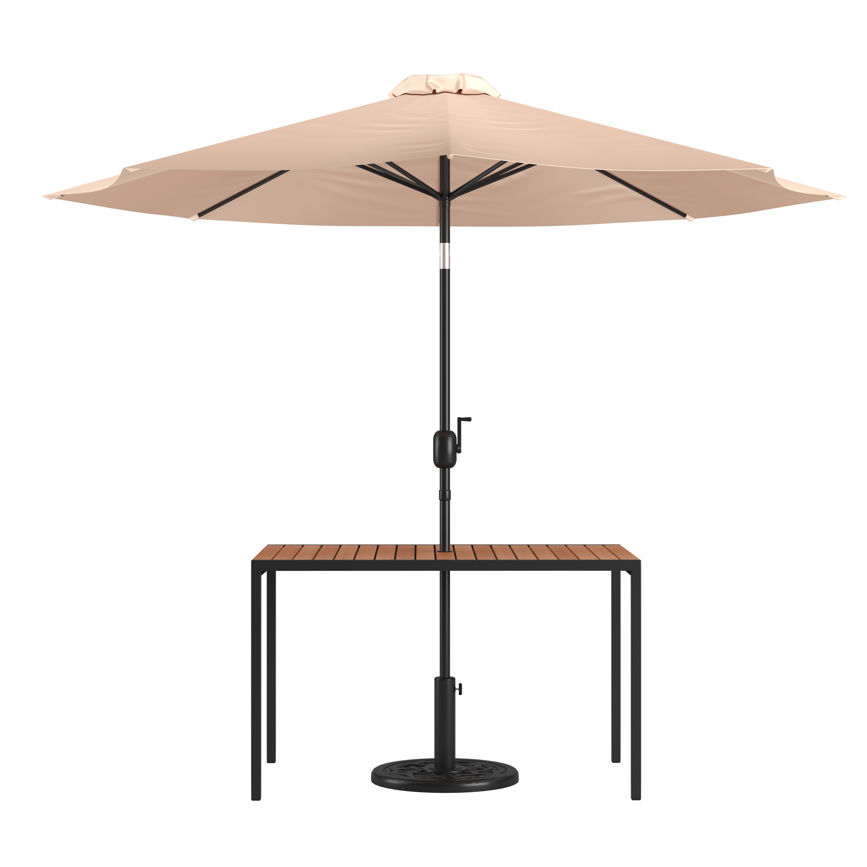 Flash Furniture XU-DG-UH3048-UB19BTN-GG 30" x 48" Square Synthetic Teak Patio Table with Tan Umbrella and Base, 3 Piece Set