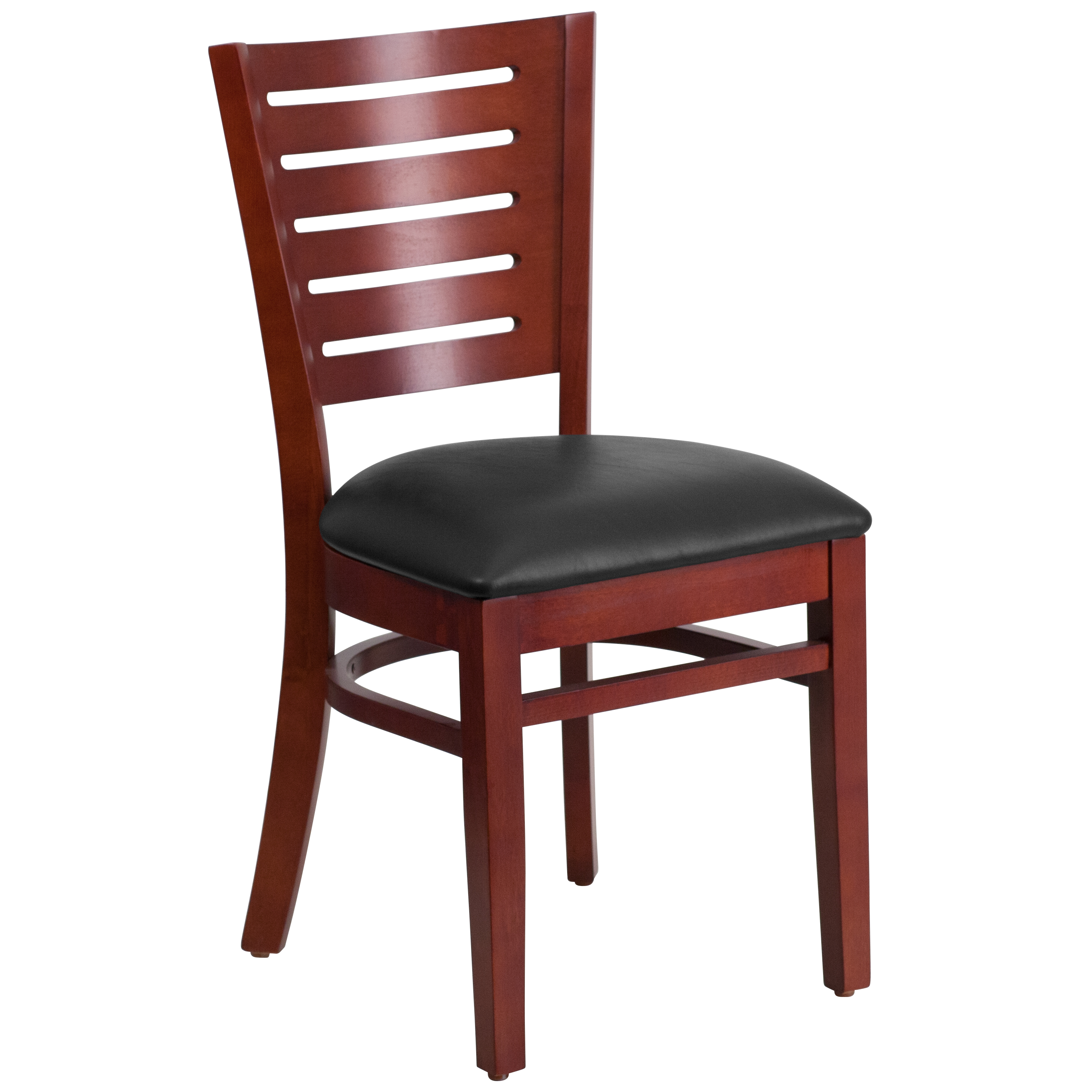 Flash Furniture XU-DG-W0108-MAH-BLKV-GG Slat Back Mahogany Wood Restaurant Chair - Black Vinyl Seat