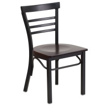 Flash Furniture XU-DG6Q6B1LAD-WALW-GG Hercules Black Three-Slat Ladder Back Metal Restaurant Chair - Walnut Wood Seat