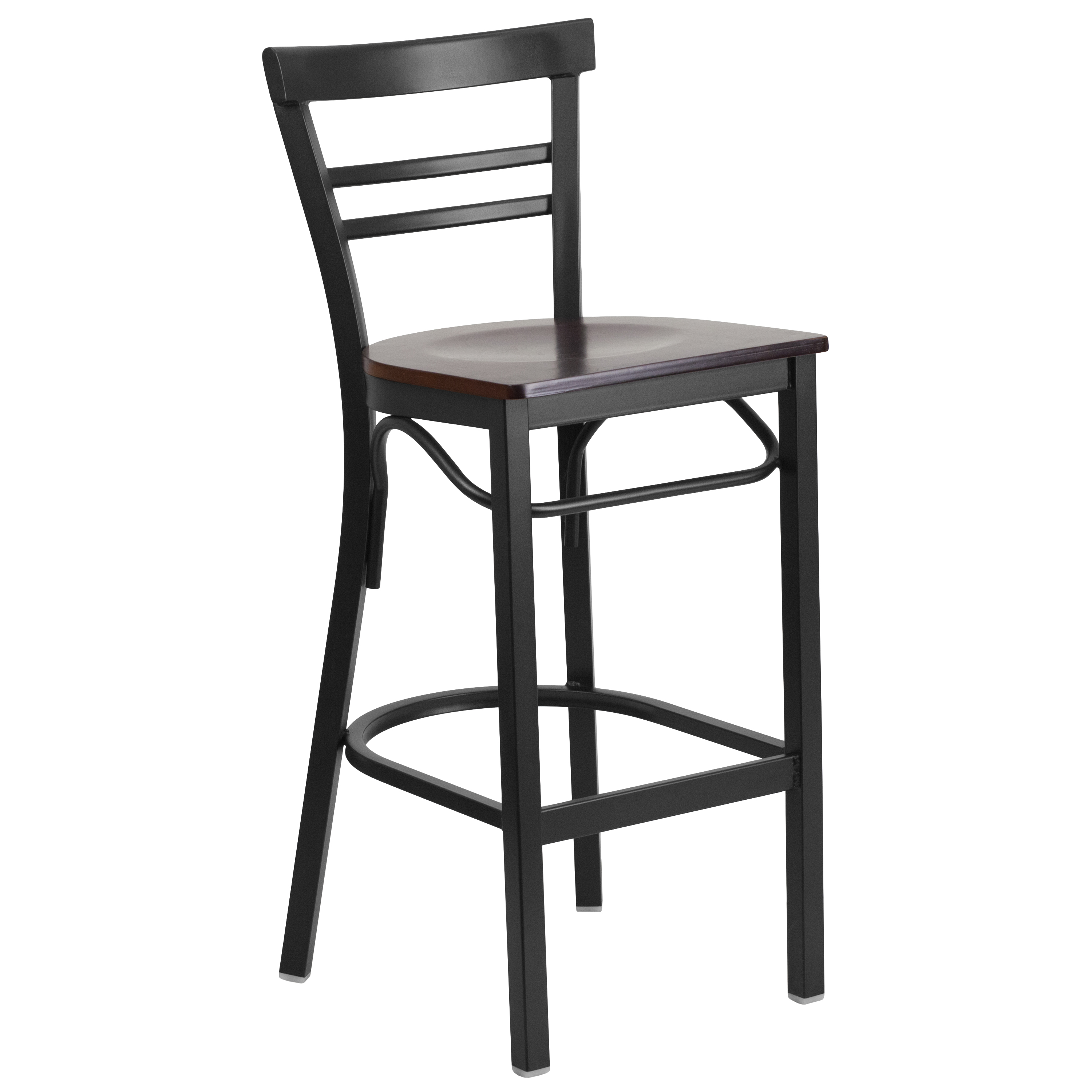 Flash Furniture XU-DG6R9BLAD-BAR-WALW-GG Hercules Black Two-Slat Ladder Back Metal Restaurant Barstool - Walnut Wood Seat