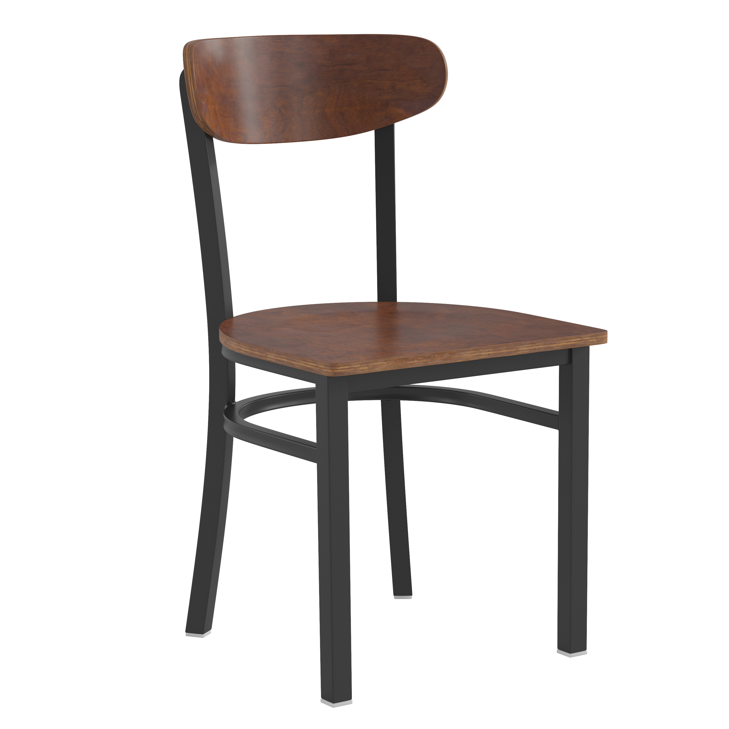 Flash Furniture XU-DG6V5B-WAL-GG Commercial Dining Chair with Walnut Wood Boomerang Back, Wood Seat, Black Steel Frame