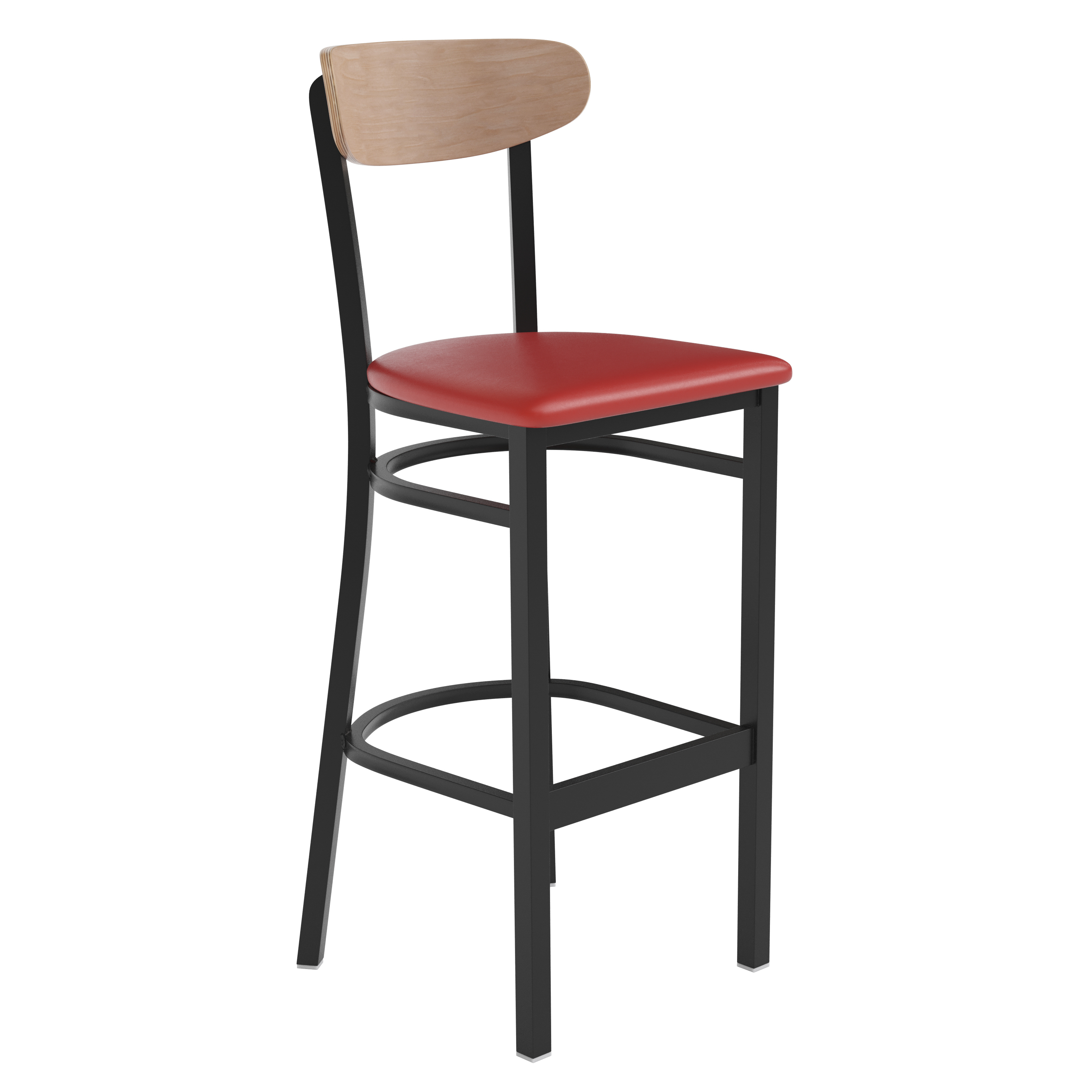 Flash Furniture XU-DG6V6RDV-NAT-GG Commercial Barstool with Natural Wood Boomerang Back - Red Vinyl Seat, Black Steel Frame