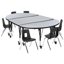 Flash Furniture XU-GRP-12CH-A3048CON-48-GY-T-P-CAS-GG Mobile 76" Oval Wave Flexible Laminate Activity Table with 12" Student Stack Chairs, Grey/Black