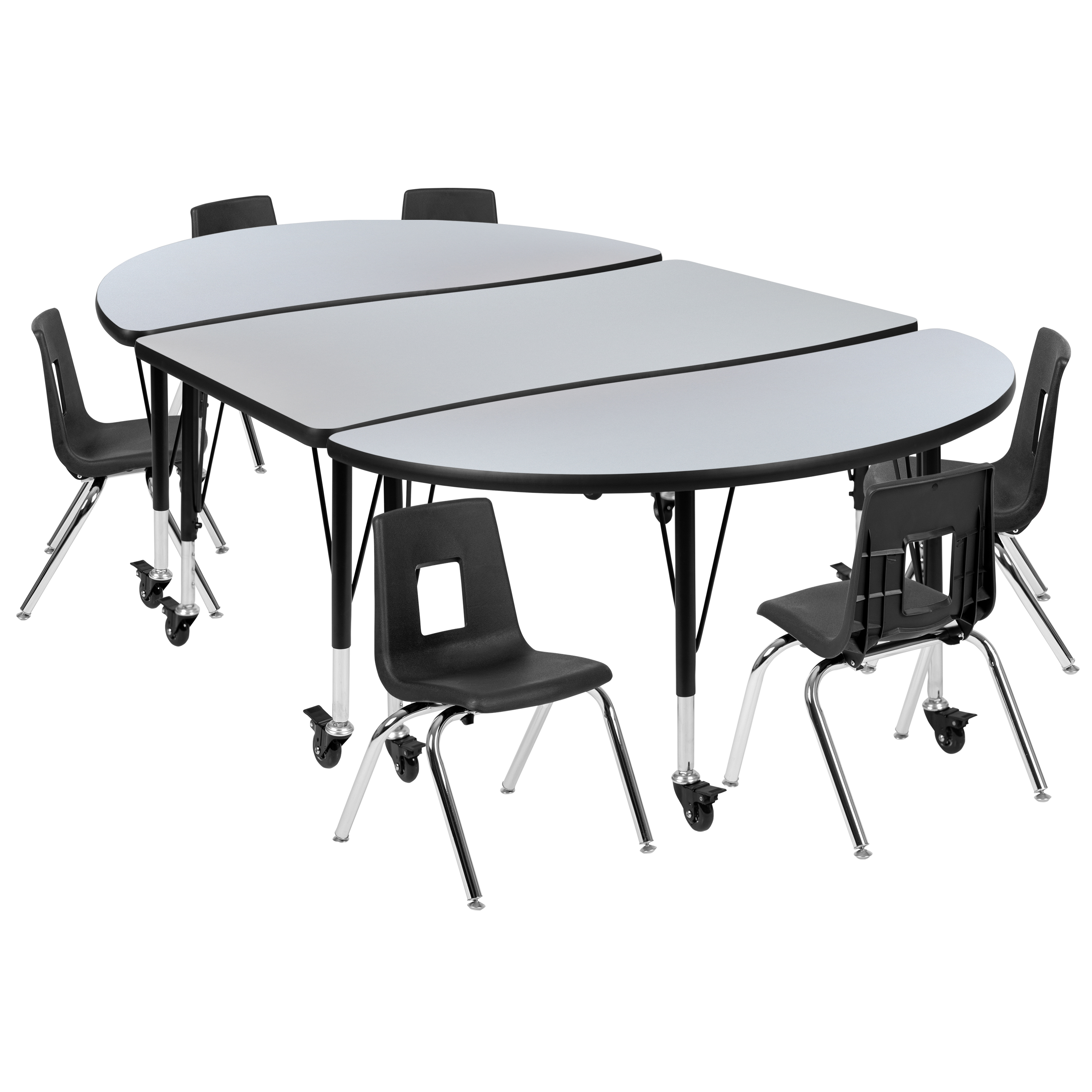 Flash Furniture XU-GRP-12CH-A3048CON-48-GY-T-P-CAS-GG Mobile 76" Oval Wave Laminate Activity Table with 12" Stack Chairs, Gray/Black