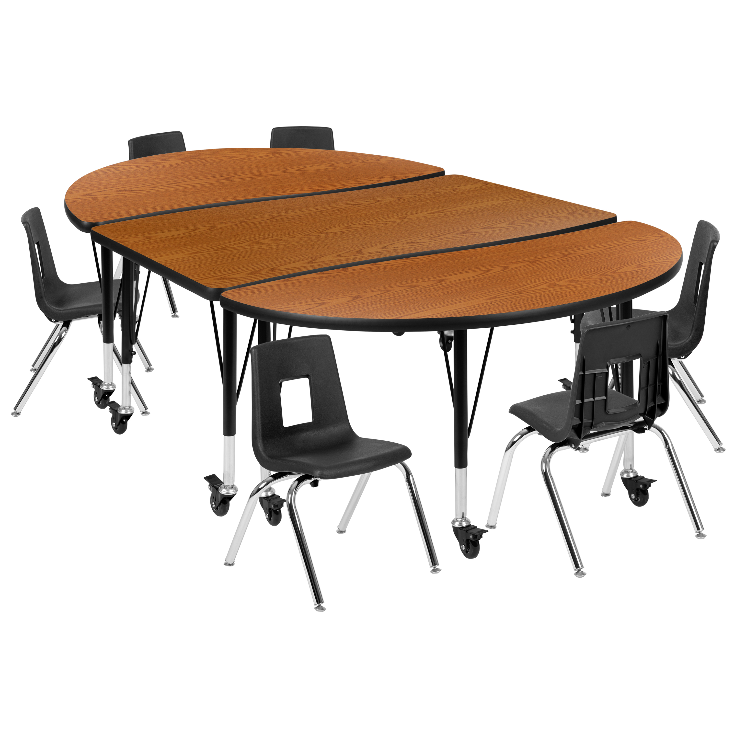 Flash Furniture XU-GRP-12CH-A3048CON-48-OAK-T-P-CAS-GG Mobile 76" Oval Wave Flexible Laminate Activity Table with 12" Student Stack Chairs, Oak/Black