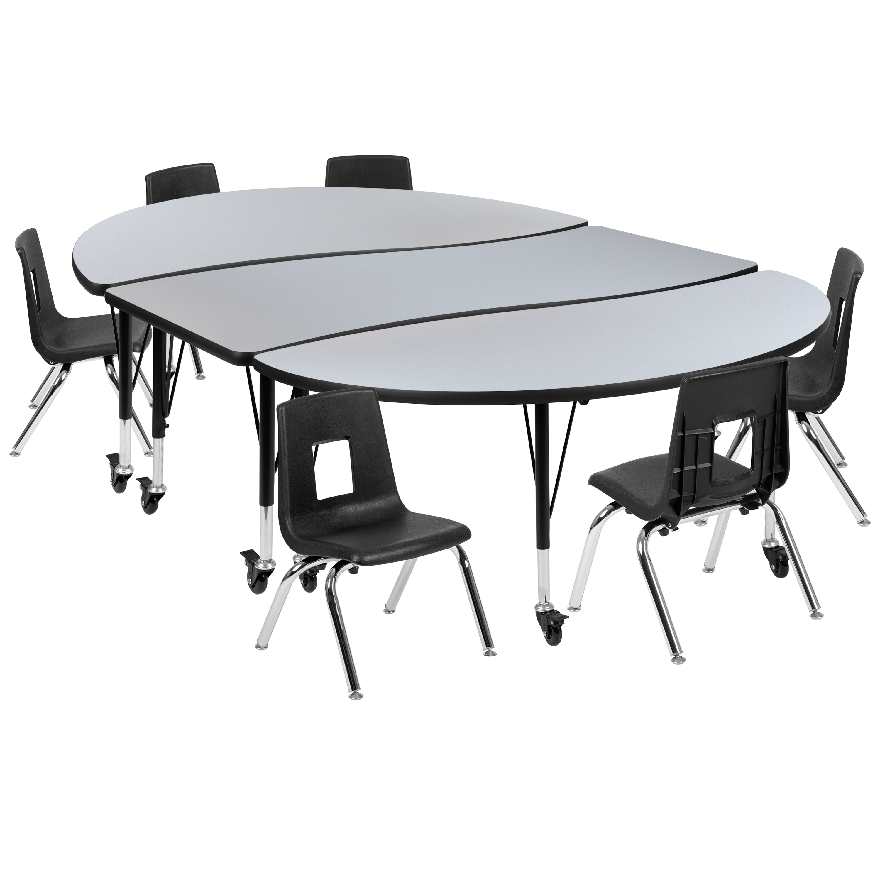 Flash Furniture XU-GRP-12CH-A3060CON-60-GY-T-P-CAS-GG Mobile 86" Oval Wave Flexible Laminate Activity Table with 12" Student Stack Chairs, Grey/Black