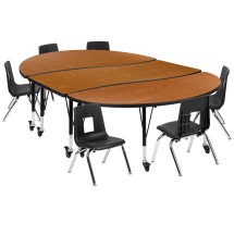 Flash Furniture XU-GRP-12CH-A3060CON-60-OAK-T-P-CAS-GG Mobile 86&quot; Oval Wave Flexible Laminate Activity Table with 12&quot; Student Stack Chairs, Oak/Black