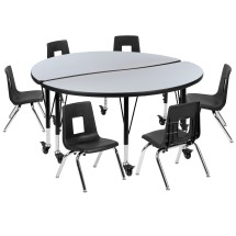 Flash Furniture XU-GRP-12CH-A48-HCIRC-GY-T-P-CAS-GG Mobile 47.5&quot; Circle Wave Flexible Laminate Activity Table with 12&quot; Student Stack Chairs, Grey/Black