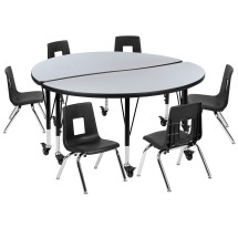 Flash Furniture XU-GRP-12CH-A48-HCIRC-GY-T-P-CAS-GG Mobile 47.5" Circle Wave Laminate Activity Table with 12" Stack Chairs, Gray/Black