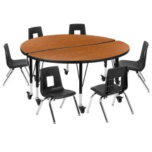 Flash Furniture XU-GRP-12CH-A48-HCIRC-OAK-T-P-CAS-GG Mobile 47.5&quot; Circle Wave Flexible Laminate Activity Table with 12&quot; Student Stack Chairs, Oak/Black