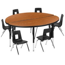 Flash Furniture XU-GRP-12CH-A48-HCIRC-OAK-T-P-GG 47.5&quot; Circle Wave Flexible Laminate Activity Table with 12&quot; Student Stack Chairs, Oak/Black
