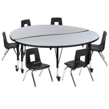 Flash Furniture XU-GRP-12CH-A60-HCIRC-GY-T-P-CAS-GG Mobile 60" Circle Wave Flexible Laminate Activity Table with 12" Student Stack Chairs, Grey/Black