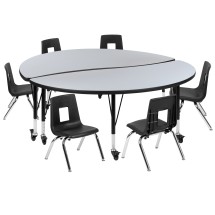 Flash Furniture XU-GRP-12CH-A60-HCIRC-GY-T-P-CAS-GG Mobile 60" Circle Wave Laminate Activity Table with 12" Stack Chairs, Gray/Black