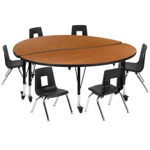Flash Furniture XU-GRP-12CH-A60-HCIRC-OAK-T-P-CAS-GG Mobile 60" Circle Wave Flexible Laminate Activity Table with 12" Student Stack Chairs, Oak/Black