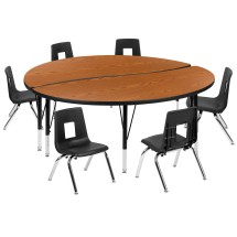 Flash Furniture XU-GRP-12CH-A60-HCIRC-OAK-T-P-GG 60&quot; Circle Wave Flexible Laminate Activity Table with 12&quot; Student Stack Chairs, Oak/Black