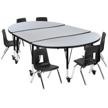 Flash Furniture XU-GRP-14CH-A3048CON-48-GY-T-P-CAS-GG Mobile 76" Oval Wave Flexible Laminate Activity Table with 14" Student Stack Chairs, Grey/Black