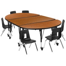 Flash Furniture XU-GRP-14CH-A3048CON-48-OAK-T-P-CAS-GG Mobile 76" Oval Wave Flexible Laminate Activity Table with 14" Student Stack Chairs, Oak/Black