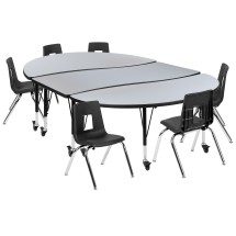 Flash Furniture XU-GRP-14CH-A3060CON-60-GY-T-P-CAS-GG Mobile 86" Oval Wave Flexible Laminate Activity Table with 14" Student Stack Chairs, Grey/Black