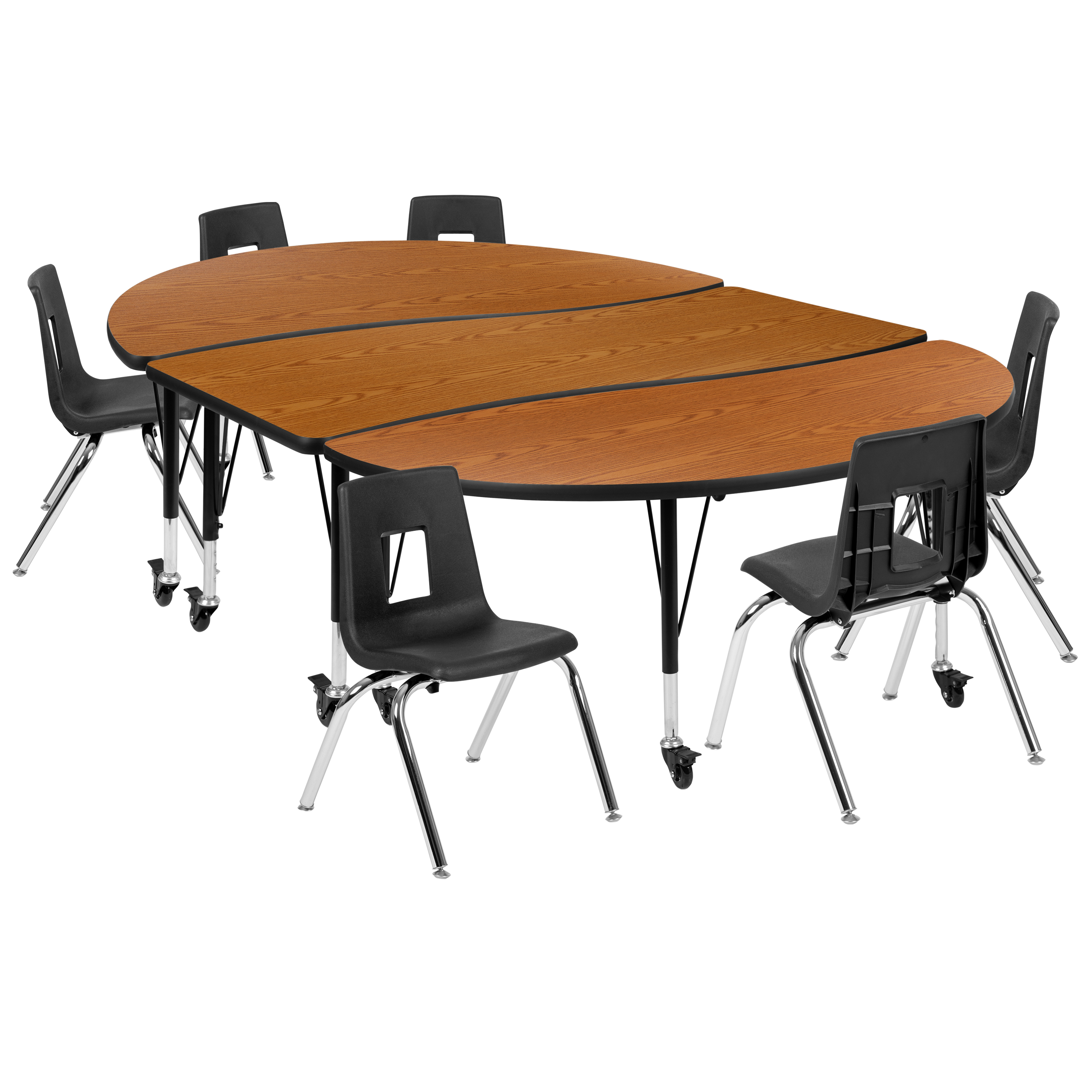 Flash Furniture XU-GRP-14CH-A3060CON-60-OAK-T-P-CAS-GG Mobile 86" Oval Wave Flexible Laminate Activity Table with 14" Student Stack Chairs, Oak/Black