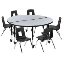 Flash Furniture XU-GRP-14CH-A48-HCIRC-GY-T-P-CAS-GG Mobile 47.5" Circle Wave Flexible Laminate Activity Table with 14" Student Stack Chairs, Grey/Black