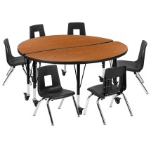 Flash Furniture XU-GRP-14CH-A48-HCIRC-OAK-T-P-CAS-GG Mobile 47.5&quot; Circle Wave Flexible Laminate Activity Table with 14&quot; Student Stack Chairs, Oak/Black