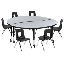 Flash Furniture XU-GRP-14CH-A60-HCIRC-GY-T-P-CAS-GG Mobile 60" Circle Wave Laminate Activity Table with 14" Stack Chairs, Gray/Black