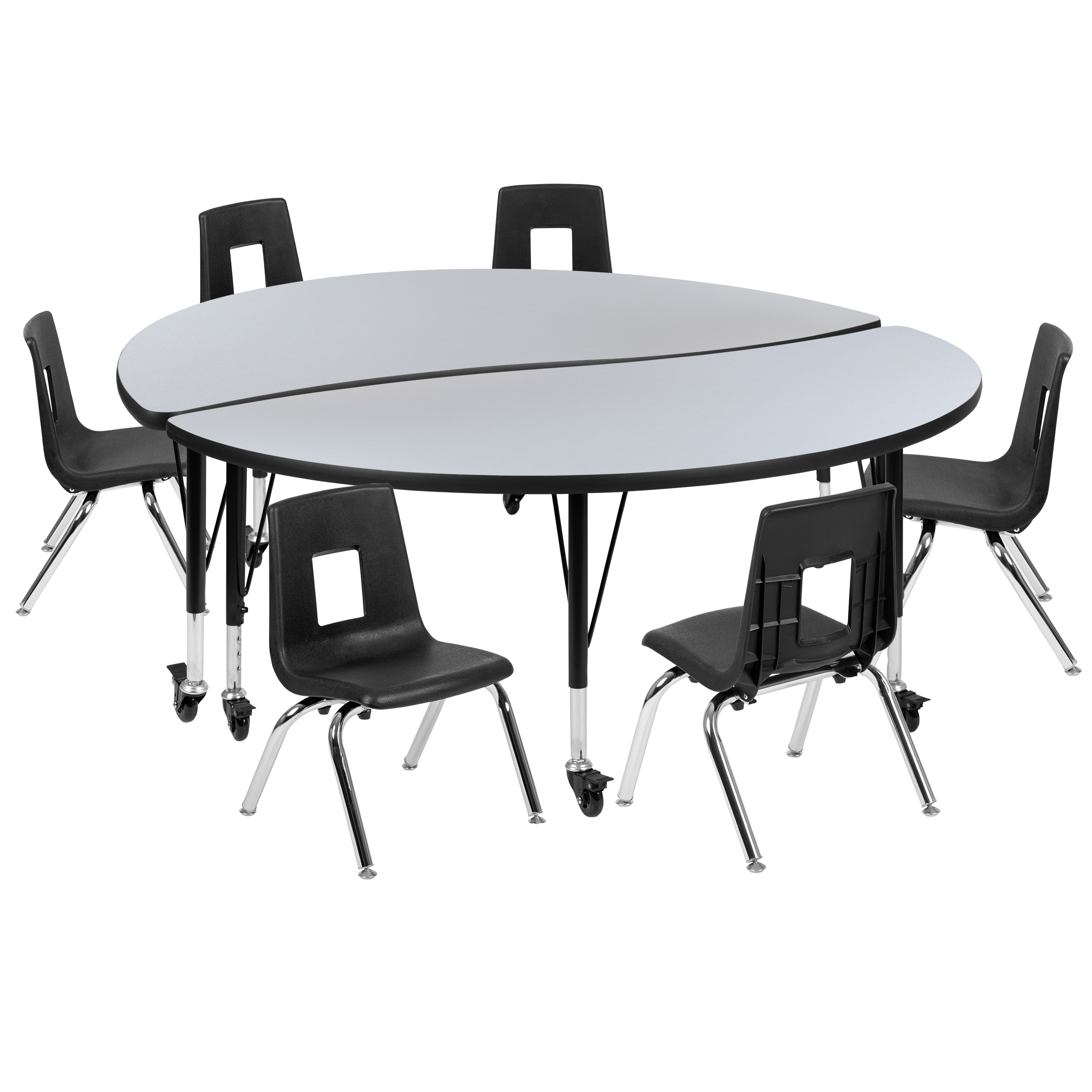 Flash Furniture XU-GRP-14CH-A60-HCIRC-GY-T-P-CAS-GG Mobile 60" Circle Wave Flexible Laminate Activity Table with 14" Student Stack Chairs, Grey/Black