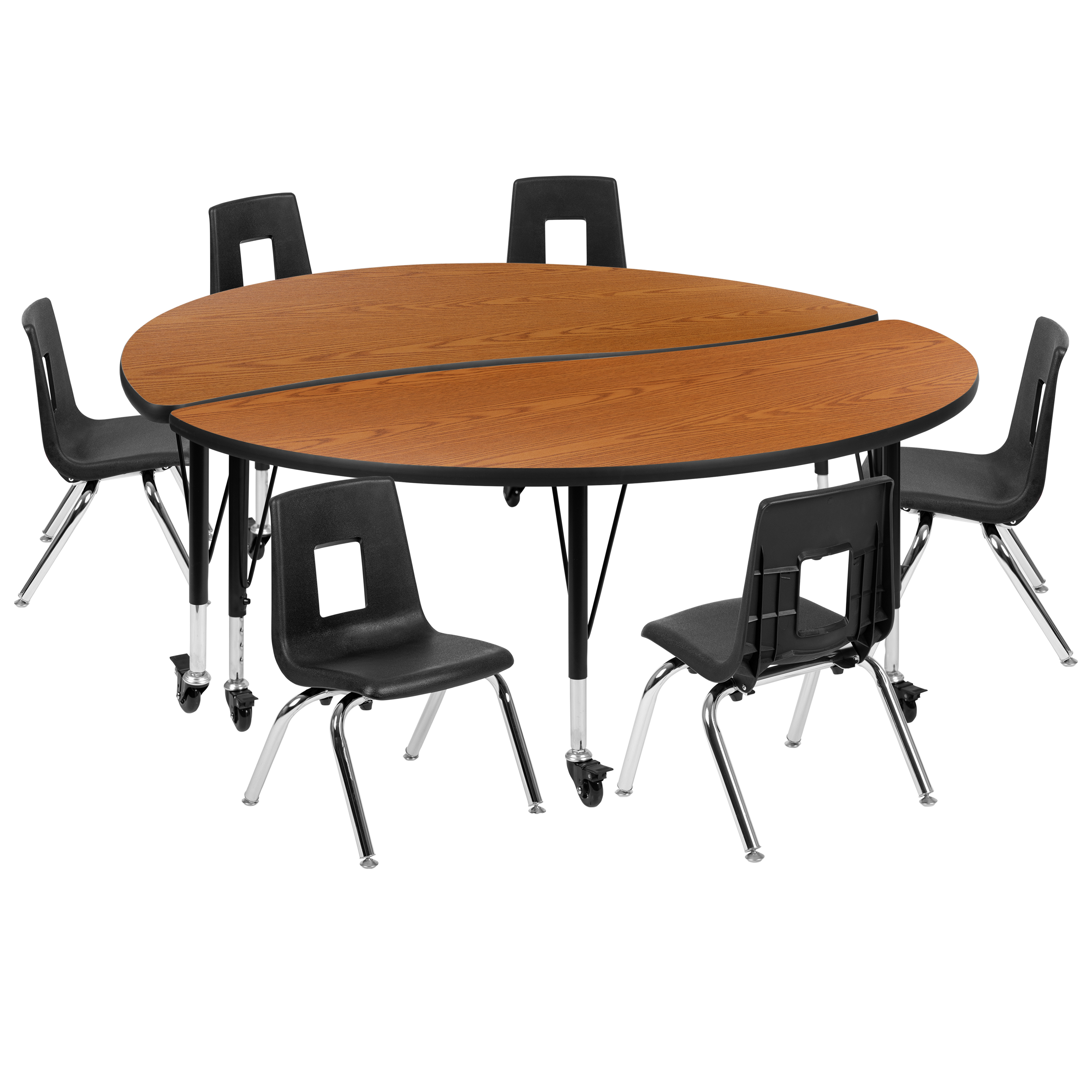 Flash Furniture XU-GRP-14CH-A60-HCIRC-OAK-T-P-CAS-GG Mobile 60" Circle Wave Laminate Activity Table with 14" Stack Chairs, Oak/Black