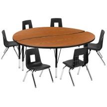 Flash Furniture XU-GRP-14CH-A60-HCIRC-OAK-T-P-GG 60" Circle Wave Flexible Laminate Activity Table with 14" Student Stack Chairs, Oak/Black