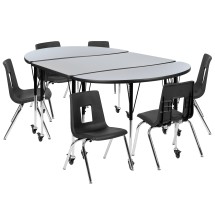 Flash Furniture XU-GRP-16CH-A3048CON-48-GY-T-A-CAS-GG Mobile 76" Oval Wave Flexible Laminate Activity Table with 16" Student Stack Chairs, Grey/Black