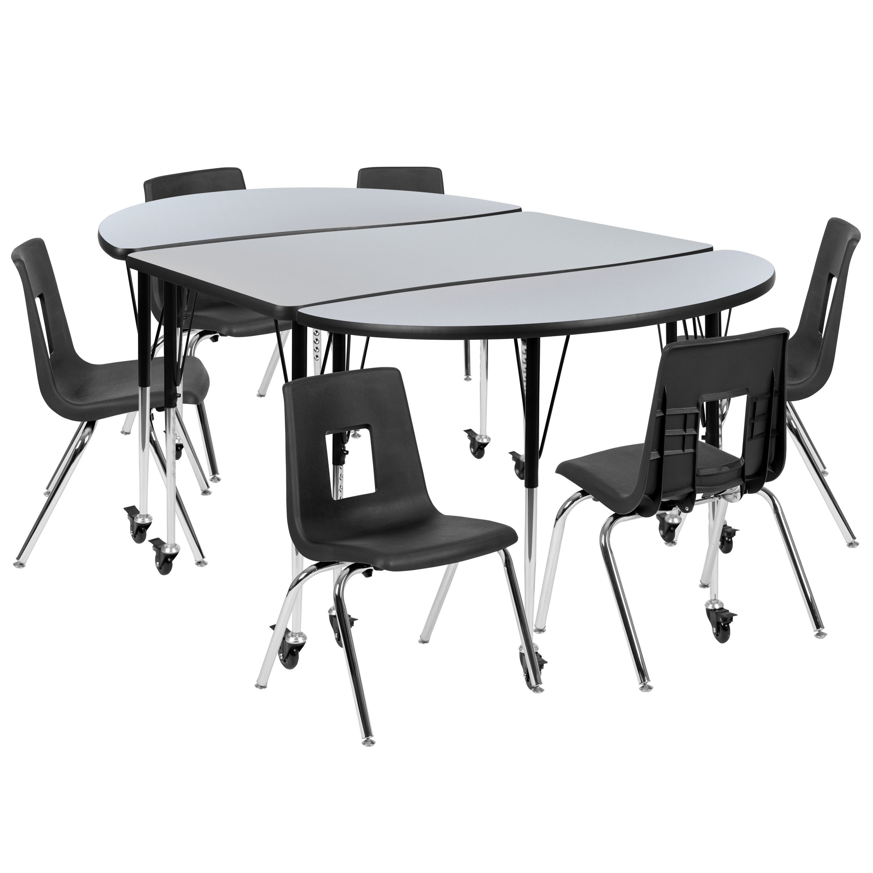 Flash Furniture XU-GRP-16CH-A3048CON-48-GY-T-A-CAS-GG Mobile 76" Oval Wave Flexible Laminate Activity Table with 16" Student Stack Chairs, Grey/Black