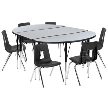 Flash Furniture XU-GRP-16CH-A3048CON-48-GY-T-A-GG 76&quot; Oval Wave Flexible Laminate Activity Table with 16&quot; Student Stack Chairs, Grey/Black