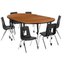 Flash Furniture XU-GRP-16CH-A3048CON-48-OAK-T-A-CAS-GG Mobile 76&quot; Oval Wave Flexible Laminate Activity Table with 16&quot; Student Stack Chairs, Oak/Black