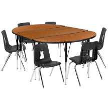 Flash Furniture XU-GRP-16CH-A3048CON-48-OAK-T-A-GG 76" Oval Wave Flexible Laminate Activity Table with 16" Student Stack Chairs, Oak/Black